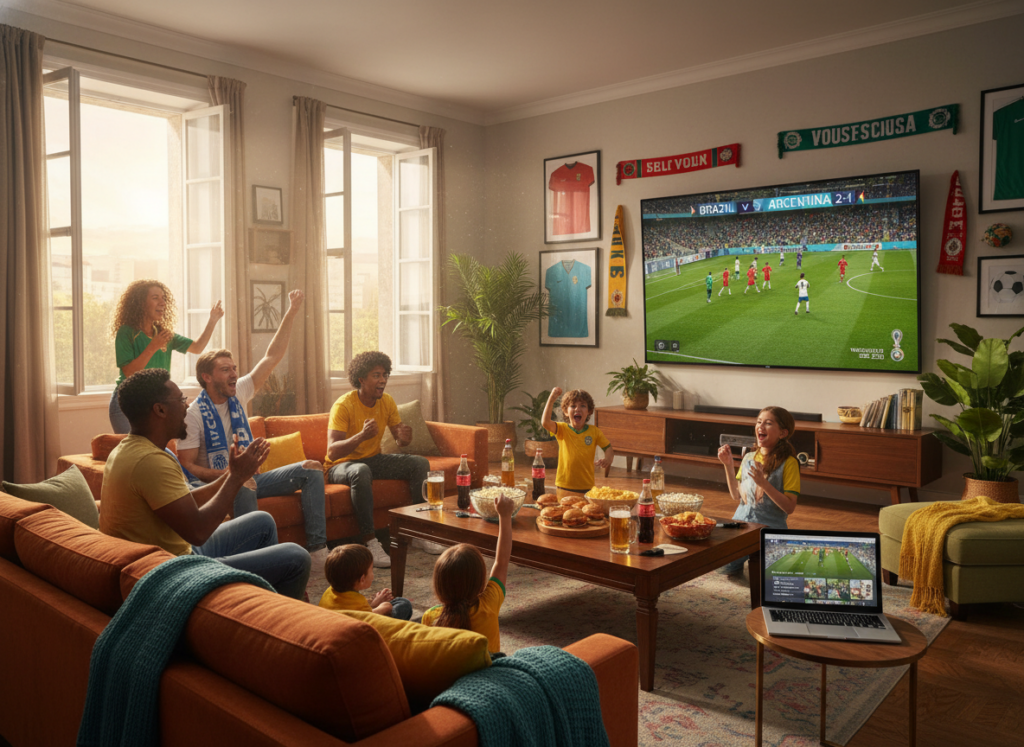 A vibrant living room scene featuring a large flat-screen TV displaying a soccer match from the 2026 World Cup, surrounded by family and friends watching together. In the foreground, people are sitting comfortably on a sofa, wearing casual clothing, showing excitement as they cheer for their favorite teams. Bright and engaging colors enhance the lively atmosphere, with soft lighting creating a warm, inviting feel. In the middle ground, a coffee table is scattered with snacks and drinks, reflecting a festive mood. The background includes decorative soccer memorabilia, and windows allow natural light to flood the space, further emphasizing the joy of watching the game without the need for cable TV. A vibrant living room scene featuring a large flat-screen TV displaying a soccer match from the 2026 World Cup, surrounded by family and friends watching together. In the foreground, people are sitting comfortably on a sofa, wearing casual clothing, showing excitement as they cheer for their favorite teams. Bright and engaging colors enhance the lively atmosphere, with soft lighting creating a warm, inviting feel. In the middle ground, a coffee table is scattered with snacks and drinks, reflecting a festive mood. The background includes decorative soccer memorabilia, and windows allow natural light to flood the space, further emphasizing the joy of watching the game without the need for cable TV.
