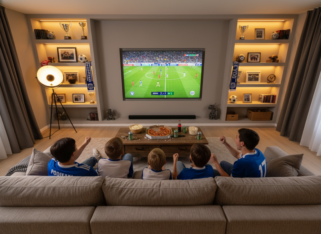 A vibrant living room scene showcasing a family sitting together on a cozy couch, intently watching a live football match on a large television screen. The foreground features the family members, dressed in casual clothing, with diverse ethnic backgrounds, expressing excitement and joy while cheering for their favorite team. In the middle, the TV screen displays a thrilling football game with vivid colors, depicting players in action. The background includes shelves adorned with football memorabilia and snacks on a coffee table, enhancing the inviting atmosphere. Soft, warm lighting fills the room, creating a friendly and lively mood, reminiscent of enjoying a game day at home with loved ones, captured from a slightly elevated angle to encompass the entire scene. A vibrant living room scene showcasing a family sitting together on a cozy couch, intently watching a live football match on a large television screen. The foreground features the family members, dressed in casual clothing, with diverse ethnic backgrounds, expressing excitement and joy while cheering for their favorite team. In the middle, the TV screen displays a thrilling football game with vivid colors, depicting players in action. The background includes shelves adorned with football memorabilia and snacks on a coffee table, enhancing the inviting atmosphere. Soft, warm lighting fills the room, creating a friendly and lively mood, reminiscent of enjoying a game day at home with loved ones, captured from a slightly elevated angle to encompass the entire scene.