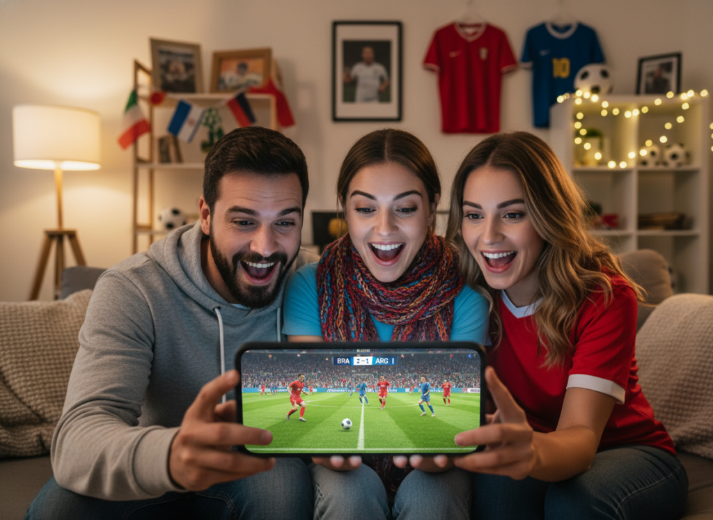 A vibrant scene capturing the essence of following the World Cup on a mobile device. In the foreground, a diverse group of three people—one man and two women—are intently watching a soccer game on a smartphone, their faces filled with excitement and joy. They are dressed in casual, comfortable clothing, reflecting a festive atmosphere. In the middle, the smartphone screen prominently displays a live match, with vivid colors showcasing the teams and the cheering crowd. The background features a cozy living room environment adorned with sports memorabilia, such as jerseys and mini soccer balls. Soft, warm lighting creates an inviting, energetic ambiance, while a slight lens blur emphasizes the focused expressions of the viewers. The overall mood is one of camaraderie and celebration, perfectly illustrating the thrill of not missing any World Cup action. A vibrant scene capturing the essence of following the World Cup on a mobile device. In the foreground, a diverse group of three people—one man and two women—are intently watching a soccer game on a smartphone, their faces filled with excitement and joy. They are dressed in casual, comfortable clothing, reflecting a festive atmosphere. In the middle, the smartphone screen prominently displays a live match, with vivid colors showcasing the teams and the cheering crowd. The background features a cozy living room environment adorned with sports memorabilia, such as jerseys and mini soccer balls. Soft, warm lighting creates an inviting, energetic ambiance, while a slight lens blur emphasizes the focused expressions of the viewers. The overall mood is one of camaraderie and celebration, perfectly illustrating the thrill of not missing any World Cup action.