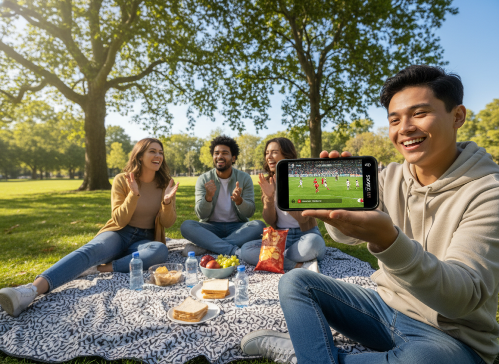 A vibrant scene depicting a person smiling while using a smartphone to watch a football match outdoors. In the foreground, a young adult dressed in casual, modest clothing holds the phone up, showing a live football game on the screen. In the middle ground, a few friends are sitting on a park blanket, cheering and enjoying snacks, emphasizing a relaxed and joyful atmosphere. The background features a sunny day with green trees and a clear blue sky, enhancing the outdoor feel. Soft, natural lighting bathes the scene, capturing the warmth and excitement of watching sports for free on mobile. The angle is slightly from above to highlight the phone's screen while subtly focusing on the group's enjoyment. A vibrant scene depicting a person smiling while using a smartphone to watch a football match outdoors. In the foreground, a young adult dressed in casual, modest clothing holds the phone up, showing a live football game on the screen. In the middle ground, a few friends are sitting on a park blanket, cheering and enjoying snacks, emphasizing a relaxed and joyful atmosphere. The background features a sunny day with green trees and a clear blue sky, enhancing the outdoor feel. Soft, natural lighting bathes the scene, capturing the warmth and excitement of watching sports for free on mobile. The angle is slightly from above to highlight the phone's screen while subtly focusing on the group's enjoyment.