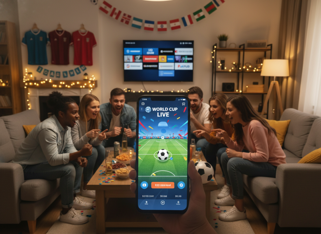 A vibrant scene depicting a smartphone displaying a live streaming interface for the World Cup, with colorful graphics and a soccer ball icon. In the foreground, casual viewers in modest clothing are gathered around the phone, their faces lit with excitement and anticipation. The middle ground features a lively living room setting with a cozy atmosphere, adorned with soccer-themed decorations like banners and jerseys. In the background, a large TV screen shows various popular streaming apps, emphasizing the different viewing options available on mobile devices. The room is softly illuminated by warm lights, casting a festive ambiance that captures the excitement of viewing the World Cup at home. The perspective should create an inviting and engaging atmosphere, highlighting the connection between mobile streaming and the shared experience of enjoying the game.