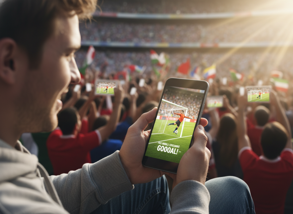 A vibrant scene featuring a modern smartphone displaying a live soccer match, with an energetic crowd in the background watching on their devices. In the foreground, the smartphone is held by a person in casual attire, showcasing an exciting goal moment. The screen glows with bright colors, illuminating the user's focused expression. The atmosphere is electric, filled with anticipation and camaraderie. Sunlight streams in at a slight angle, creating a warm, inviting glow. The background shows blurred fans waving flags and wearing jerseys, evoking a sense of unity and celebration. The composition emphasizes the theme of free mobile streaming, capturing the essence of a global event with enthusiasm and excitement.