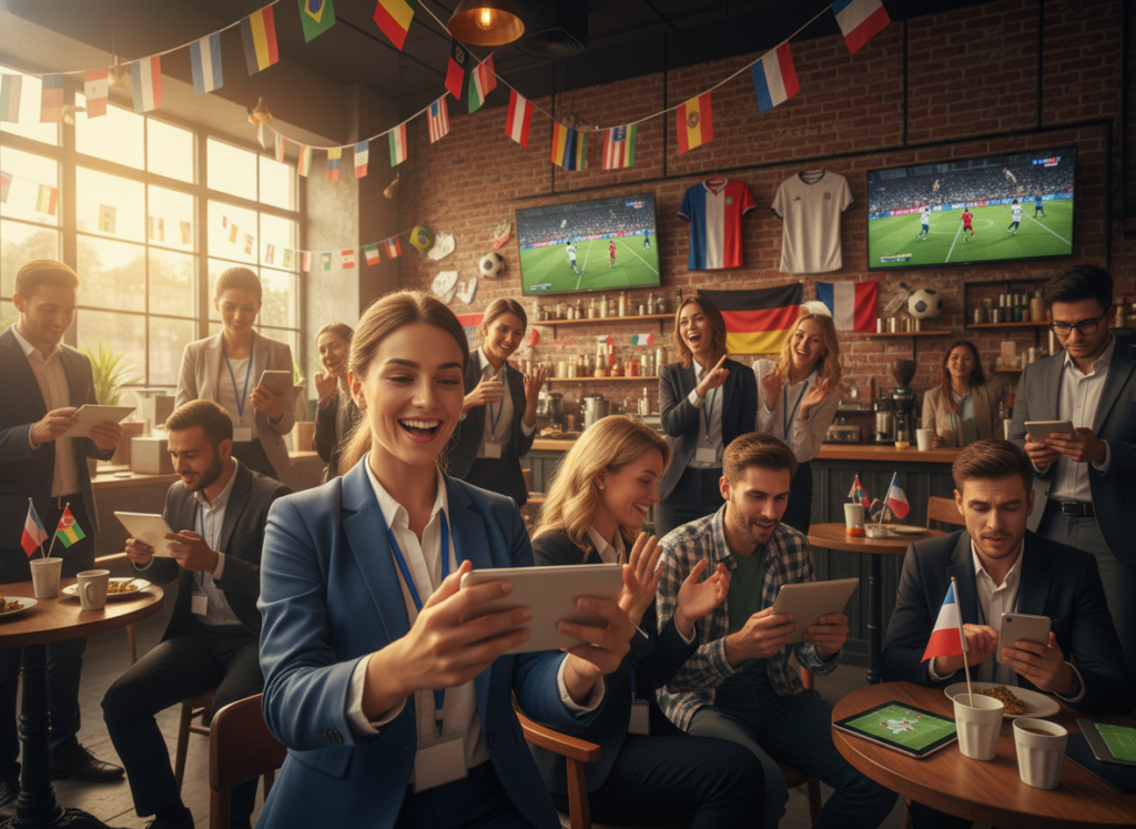 A vibrant scene showcasing a diverse group of people using various smartphones and tablets to watch World Cup games. In the foreground, a young woman in professional attire is excitedly watching a match on her smartphone, surrounded by colleagues who are also engaged with their devices. In the middle, a stylish coffee shop setting filled with colorful decorations and screens displaying a game highlights the atmosphere. The background features a wall with sports memorabilia and flags. Soft, warm lighting enhances the lively mood, creating a sense of community and excitement. The composition should have a dynamic angle that captures the interaction between people and their devices, evoking enthusiasm and connectivity. A vibrant scene showcasing a diverse group of people using various smartphones and tablets to watch World Cup games. In the foreground, a young woman in professional attire is excitedly watching a match on her smartphone, surrounded by colleagues who are also engaged with their devices. In the middle, a stylish coffee shop setting filled with colorful decorations and screens displaying a game highlights the atmosphere. The background features a wall with sports memorabilia and flags. Soft, warm lighting enhances the lively mood, creating a sense of community and excitement. The composition should have a dynamic angle that captures the interaction between people and their devices, evoking enthusiasm and connectivity.