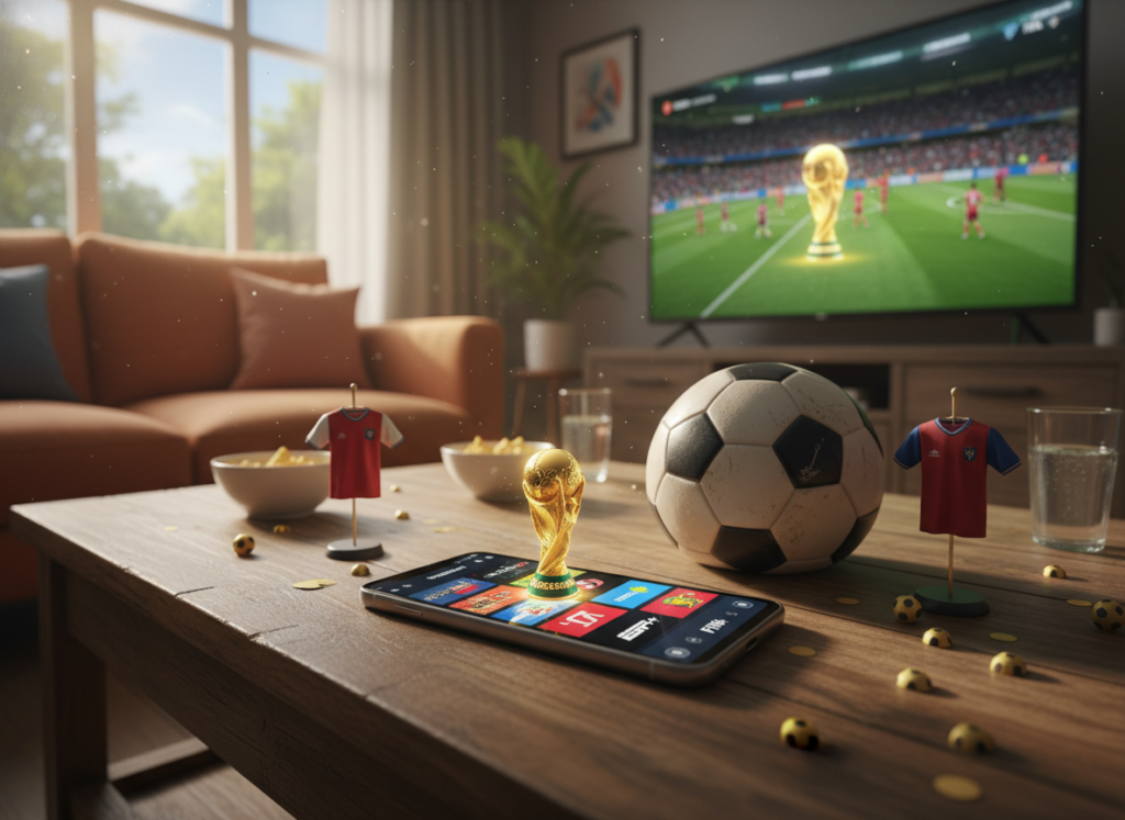 A vibrant scene showcasing a smartphone displaying popular sports applications, with the World Cup logo creatively integrated into the interface. In the foreground, the phone is positioned on a wooden table, surrounded by soccer-themed decorations like mini jerseys and a soccer ball. The middle ground features a lively living room ambiance, with a cozy sofa and large screen TV reflecting an exciting match on the screen. The background showcases a window with bright daylight filtering in, creating a warm and inviting atmosphere. The lighting is soft yet vivid, enhancing the energy of watching a match with friends. The overall mood is joyful and engaging, illustrating the experience of enjoying the World Cup for free through mobile apps. A vibrant scene showcasing a smartphone displaying popular sports applications, with the World Cup logo creatively integrated into the interface. In the foreground, the phone is positioned on a wooden table, surrounded by soccer-themed decorations like mini jerseys and a soccer ball. The middle ground features a lively living room ambiance, with a cozy sofa and large screen TV reflecting an exciting match on the screen. The background showcases a window with bright daylight filtering in, creating a warm and inviting atmosphere. The lighting is soft yet vivid, enhancing the energy of watching a match with friends. The overall mood is joyful and engaging, illustrating the experience of enjoying the World Cup for free through mobile apps.