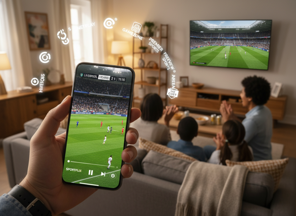 A vibrant smartphone displaying a football match streaming interface in the foreground, with a close-up on a person's hand holding the device, giving a sense of engagement. In the middle, an arrangement of various logos representing free and paid streaming services is visually attractive, showcasing options available for viewers. The background features a lively living room scene, with a family watching the game on a large television, emphasizing communal viewing. Soft, warm lighting creates an inviting atmosphere, and the overall mood is one of excitement and anticipation for the game. The angle is slightly tilted to capture both the smartphone screen and the family reaction, blending technology and live sports culture.