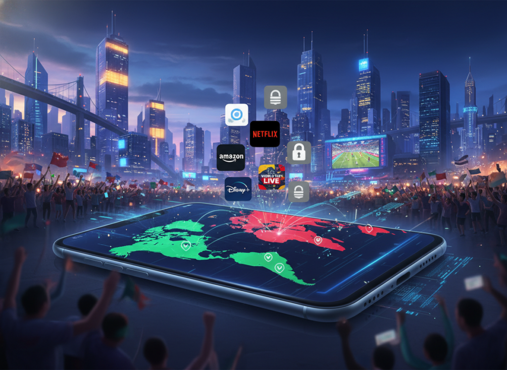A vibrant, visually engaging illustration depicting the availability of apps by region. In the foreground, a sleek smartphone displays an interactive world map highlighting various regions with distinct app availability symbols—green for available, red for unavailable. The middle ground showcases icons of popular streaming apps, tantalizingly floating above each labeled region. In the background, a digital city skyline at dusk reflects a technology-driven atmosphere, with glowing lights suggesting connectivity. Soft, ambient lighting creates a welcoming mood, evoking excitement for the World Cup. Use a wide-angle lens perspective to encompass the map and apps while ensuring clarity in each detail. The overall composition should convey a sense of global anticipation and accessibility. A vibrant, visually engaging illustration depicting the availability of apps by region. In the foreground, a sleek smartphone displays an interactive world map highlighting various regions with distinct app availability symbols—green for available, red for unavailable. The middle ground showcases icons of popular streaming apps, tantalizingly floating above each labeled region. In the background, a digital city skyline at dusk reflects a technology-driven atmosphere, with glowing lights suggesting connectivity. Soft, ambient lighting creates a welcoming mood, evoking excitement for the World Cup. Use a wide-angle lens perspective to encompass the map and apps while ensuring clarity in each detail. The overall composition should convey a sense of global anticipation and accessibility.
