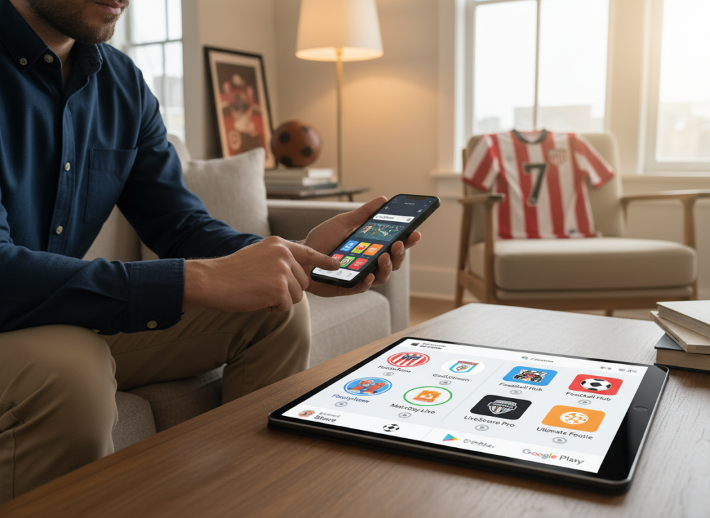 A vibrant, visually engaging scene illustrating the process of downloading and using apps on iOS and Android devices. In the foreground, a person dressed in casual yet professional attire is using a smartphone, eagerly exploring the app store. In the middle ground, a large tablet displays both the Apple App Store and Google Play Store, showcasing colorful app icons related to live football streaming. The background includes a cozy living room setting with subtle hints of football memorabilia, like a jersey and a football. Soft, warm lighting creates an inviting atmosphere and enhances focus on the devices. The camera angle is slightly above eye level, emphasizing the interaction with technology and the excitement of accessing live sports content. The overall mood is informative and enthusiastic, inviting readers to embrace mobile technology for live football. A vibrant, visually engaging scene illustrating the process of downloading and using apps on iOS and Android devices. In the foreground, a person dressed in casual yet professional attire is using a smartphone, eagerly exploring the app store. In the middle ground, a large tablet displays both the Apple App Store and Google Play Store, showcasing colorful app icons related to live football streaming. The background includes a cozy living room setting with subtle hints of football memorabilia, like a jersey and a football. Soft, warm lighting creates an inviting atmosphere and enhances focus on the devices. The camera angle is slightly above eye level, emphasizing the interaction with technology and the excitement of accessing live sports content. The overall mood is informative and enthusiastic, inviting readers to embrace mobile technology for live football.