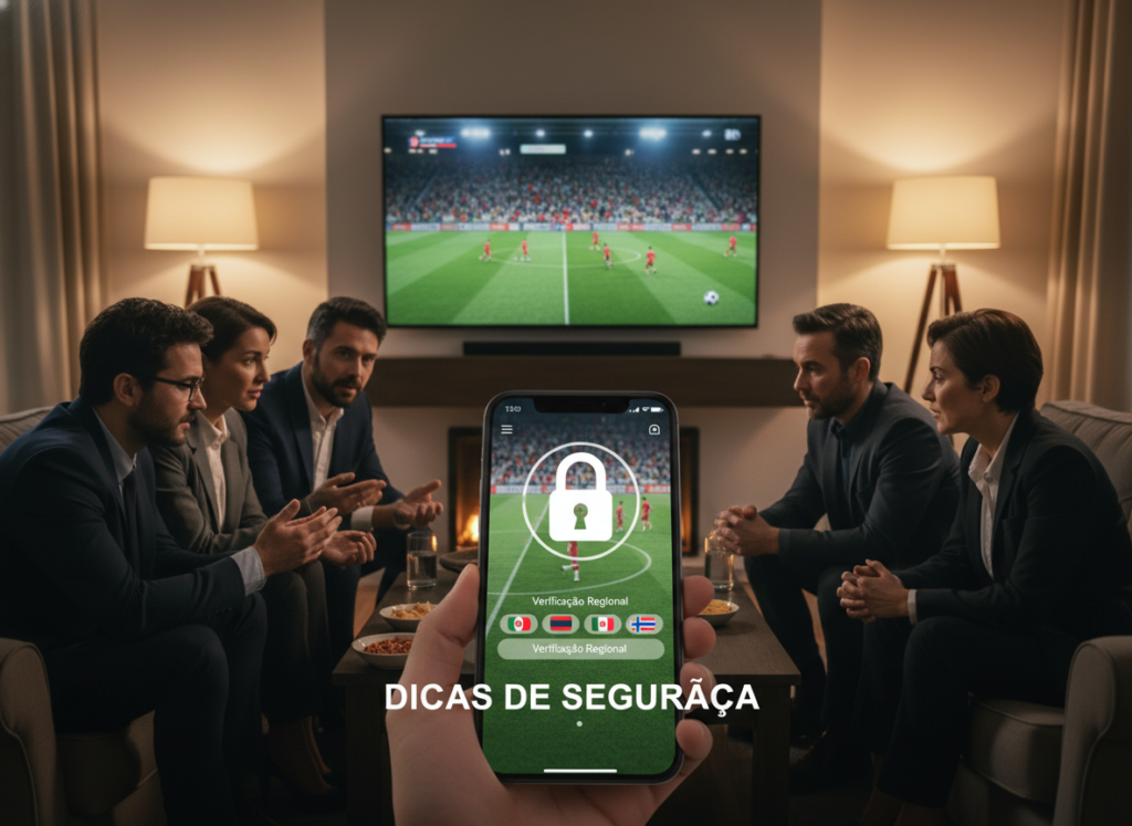 A visually engaging and informative image depicting "Dicas de Segurança e Verificação Regional." In the foreground, include a smartphone displaying a football streaming app, highlighting security features like a padlock icon and regional verification options. In the middle ground, display a diverse group of individuals, dressed in professional business attire, discussing safety tips around the phone, emphasizing collaboration. In the background, illustrate a cozy living room setting with a large TV showing a football match, with soft, warm lighting casting a welcoming atmosphere. Use a wide-angle lens to capture the active engagement of the group while maintaining a focus on the smartphone and its security features, creating a sense of trust and awareness. A visually engaging and informative image depicting "Dicas de Segurança e Verificação Regional." In the foreground, include a smartphone displaying a football streaming app, highlighting security features like a padlock icon and regional verification options. In the middle ground, display a diverse group of individuals, dressed in professional business attire, discussing safety tips around the phone, emphasizing collaboration. In the background, illustrate a cozy living room setting with a large TV showing a football match, with soft, warm lighting casting a welcoming atmosphere. Use a wide-angle lens to capture the active engagement of the group while maintaining a focus on the smartphone and its security features, creating a sense of trust and awareness.