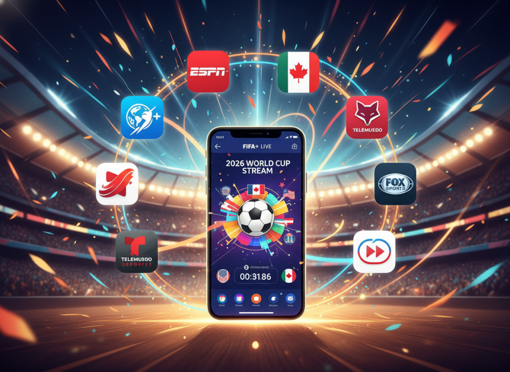 A visually engaging digital composition showcasing the main apps for streaming the 2026 World Cup on mobile devices. In the foreground, depict a smartphone displaying a colorful app interface with soccer-related graphics, including a football and country flags. The middle layer features vibrant illustrations of popular streaming apps like FIFA+, ESPN, and others, creatively integrated around the phone. In the background, design a subtle stadium silhouette lit with vibrant lights, creating a festive atmosphere. Use bright colors to convey excitement and energy, emphasizing dynamic lines to represent movement. The overall mood should be enthusiastic and celebratory, capturing the thrill of the World Cup experience. The lighting should be warm, mimicking a lively environment at a match. A visually engaging digital composition showcasing the main apps for streaming the 2026 World Cup on mobile devices. In the foreground, depict a smartphone displaying a colorful app interface with soccer-related graphics, including a football and country flags. The middle layer features vibrant illustrations of popular streaming apps like FIFA+, ESPN, and others, creatively integrated around the phone. In the background, design a subtle stadium silhouette lit with vibrant lights, creating a festive atmosphere. Use bright colors to convey excitement and energy, emphasizing dynamic lines to represent movement. The overall mood should be enthusiastic and celebratory, capturing the thrill of the World Cup experience. The lighting should be warm, mimicking a lively environment at a match.