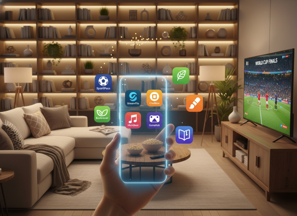 A visually striking composition centered around the theme of "Paid Apps and Subscription Alternatives." In the foreground, showcase a sleek smartphone displaying popular streaming apps with elegant icons. Surrounding the phone, include diverse subscription options depicted as attractive, modern app logos. In the middle ground, illustrate a cozy living room setting with a comfortable couch and a large screen showcasing a soccer match, emphasizing the idea of watching the World Cup at home. In the background, softly lit shelves filled with books and decor create a warm atmosphere. The lighting should be warm and inviting, with a focus on the phone’s screen. Use a slightly elevated angle to capture the scene dynamically. The overall mood should feel engaging and upbeat, reflecting excitement for viewing sports entertainment. A visually striking composition centered around the theme of "Paid Apps and Subscription Alternatives." In the foreground, showcase a sleek smartphone displaying popular streaming apps with elegant icons. Surrounding the phone, include diverse subscription options depicted as attractive, modern app logos. In the middle ground, illustrate a cozy living room setting with a comfortable couch and a large screen showcasing a soccer match, emphasizing the idea of watching the World Cup at home. In the background, softly lit shelves filled with books and decor create a warm atmosphere. The lighting should be warm and inviting, with a focus on the phone’s screen. Use a slightly elevated angle to capture the scene dynamically. The overall mood should feel engaging and upbeat, reflecting excitement for viewing sports entertainment.