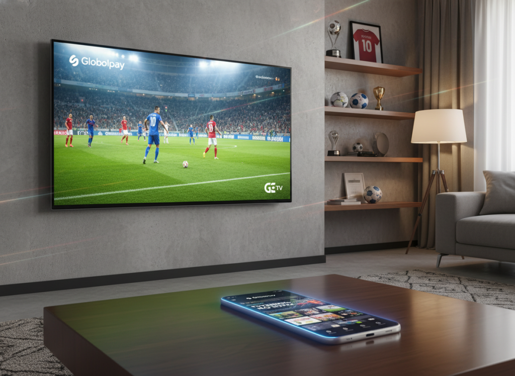 A visually striking digital composition depicting the branding of Globoplay and GE TV as official alternatives for national football, set in a creative workspace. In the foreground, a large TV screen displays a vibrant football match with players in action, under soft, focused lighting that brings out the colors of their uniforms. The middle ground features a sleek smartphone resting on a coffee table, showing the Globoplay app interface with an engaging layout. The background includes a stylish modern living room with football memorabilia, finely decorated with team jerseys and a subtle glow from a nearby lamp. The mood is dynamic and energetic, reflecting the excitement of live sports streaming. The image should feel polished and professional, capturing the essence of enjoying football through modern technology.