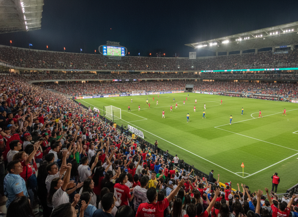A dynamic and vibrant scene showcasing a large crowd gathered in a modern stadium, filled with excitement as they watch a Liga MX match live. In the foreground, diverse fans of all ages, dressed in colorful team jerseys, are cheering passionately, with expressions of joy and anticipation. In the middle ground, the vivid green field displays players in action, showcasing typical soccer moves, while the goals are visible with cheering corner flags. The background features a packed stadium illuminated by bright lights, creating an electrifying atmosphere. Use a slightly elevated perspective, capturing the energy of the crowd and the intensity of the game. The mood is jubilant and engaging, with a clear night sky adding brilliance to the overall scene. The lighting emphasizes the vibrant colors and the excitement in the air. A dynamic and vibrant scene showcasing a large crowd gathered in a modern stadium, filled with excitement as they watch a Liga MX match live. In the foreground, diverse fans of all ages, dressed in colorful team jerseys, are cheering passionately, with expressions of joy and anticipation. In the middle ground, the vivid green field displays players in action, showcasing typical soccer moves, while the goals are visible with cheering corner flags. The background features a packed stadium illuminated by bright lights, creating an electrifying atmosphere. Use a slightly elevated perspective, capturing the energy of the crowd and the intensity of the game. The mood is jubilant and engaging, with a clear night sky adding brilliance to the overall scene. The lighting emphasizes the vibrant colors and the excitement in the air.