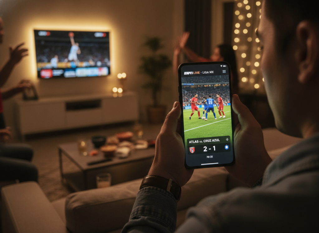 A modern smartphone displaying the ESPN app interface, showcasing live streaming of Liga MX matches. The screen is bright and vibrant, featuring a dynamic match scene with players in action on the field. In the foreground, the smartphone is held by a person in smart casual clothing, focused intently on the game. The middle ground includes a well-decorated living room, with cozy furniture and a large TV showing additional sports content, enhancing the atmosphere of a sports viewing party. The background includes soft, ambient lighting that creates a warm, inviting atmosphere, suggesting a vibrant and engaged audience. The overall mood is energetic and exciting, reflecting the thrill of watching live sports. A modern smartphone displaying the ESPN app interface, showcasing live streaming of Liga MX matches. The screen is bright and vibrant, featuring a dynamic match scene with players in action on the field. In the foreground, the smartphone is held by a person in smart casual clothing, focused intently on the game. The middle ground includes a well-decorated living room, with cozy furniture and a large TV showing additional sports content, enhancing the atmosphere of a sports viewing party. The background includes soft, ambient lighting that creates a warm, inviting atmosphere, suggesting a vibrant and engaged audience. The overall mood is energetic and exciting, reflecting the thrill of watching live sports.