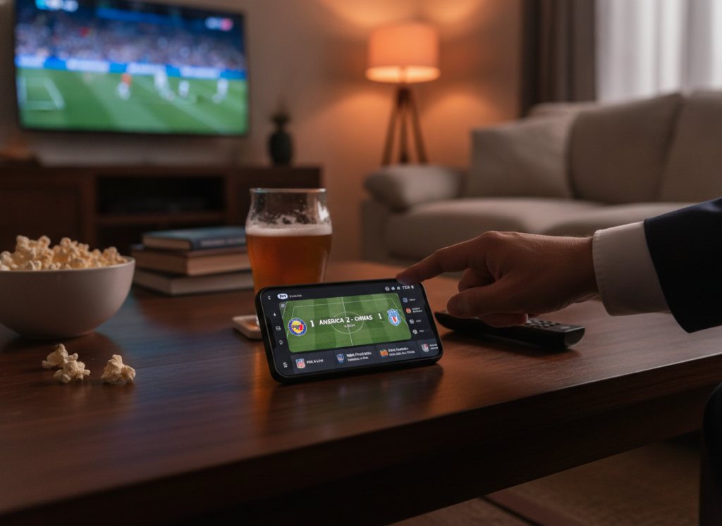 A modern smartphone displaying the Fox Sports app interface, showcasing live sports games, prominently features a Liga MX match in progress. The phone lies on a stylish wooden table, surrounded by snacks and drinks, evoking a relaxed viewing atmosphere. In the background, a cozy living room is softly lit, with a large wall-mounted TV playing a game. The lighting conveys a warm, inviting mood, emphasizing evening sports excitement. A hand in professional business attire is reaching for the phone, illustrating engagement with the app. The angle is slightly above eye level, capturing both the device and the vibrant action on the screen, while ensuring clarity and focus on the app interface. A modern smartphone displaying the Fox Sports app interface, showcasing live sports games, prominently features a Liga MX match in progress. The phone lies on a stylish wooden table, surrounded by snacks and drinks, evoking a relaxed viewing atmosphere. In the background, a cozy living room is softly lit, with a large wall-mounted TV playing a game. The lighting conveys a warm, inviting mood, emphasizing evening sports excitement. A hand in professional business attire is reaching for the phone, illustrating engagement with the app. The angle is slightly above eye level, capturing both the device and the vibrant action on the screen, while ensuring clarity and focus on the app interface.