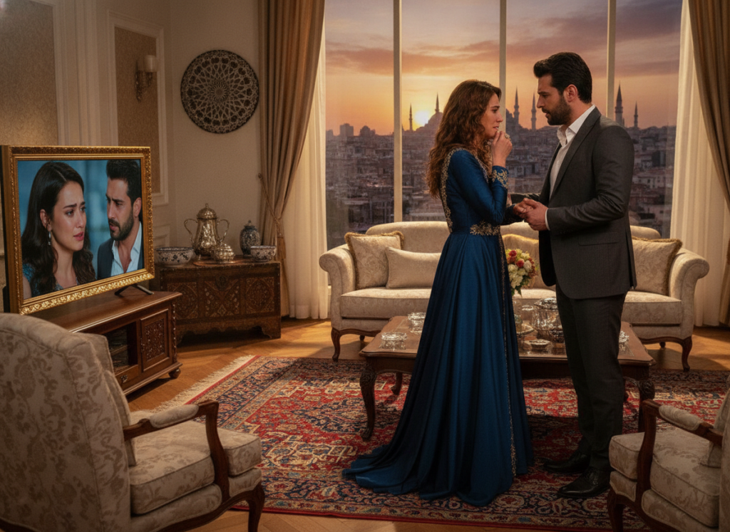 A vibrant and captivating scene depicting the essence of Turkish soap operas. In the foreground, a stylishly furnished living room with plush seating, rich fabrics, and a large ornate television showing a scene from a dramatic novela. To the right, a couple dressed in elegant, modest attire engages in an intense emotional moment, showcasing passion and intrigue. In the middle ground, decorative elements reflecting Turkish culture, like intricate rugs and art pieces, enhance the atmosphere. The background features a window revealing a sunset over a beautiful Istanbul skyline, casting warm, golden light into the room. The mood is dramatic yet inviting, capturing the essence of storytelling in Turkish dramas, highlighted by soft lighting and a cinematic depth of field.