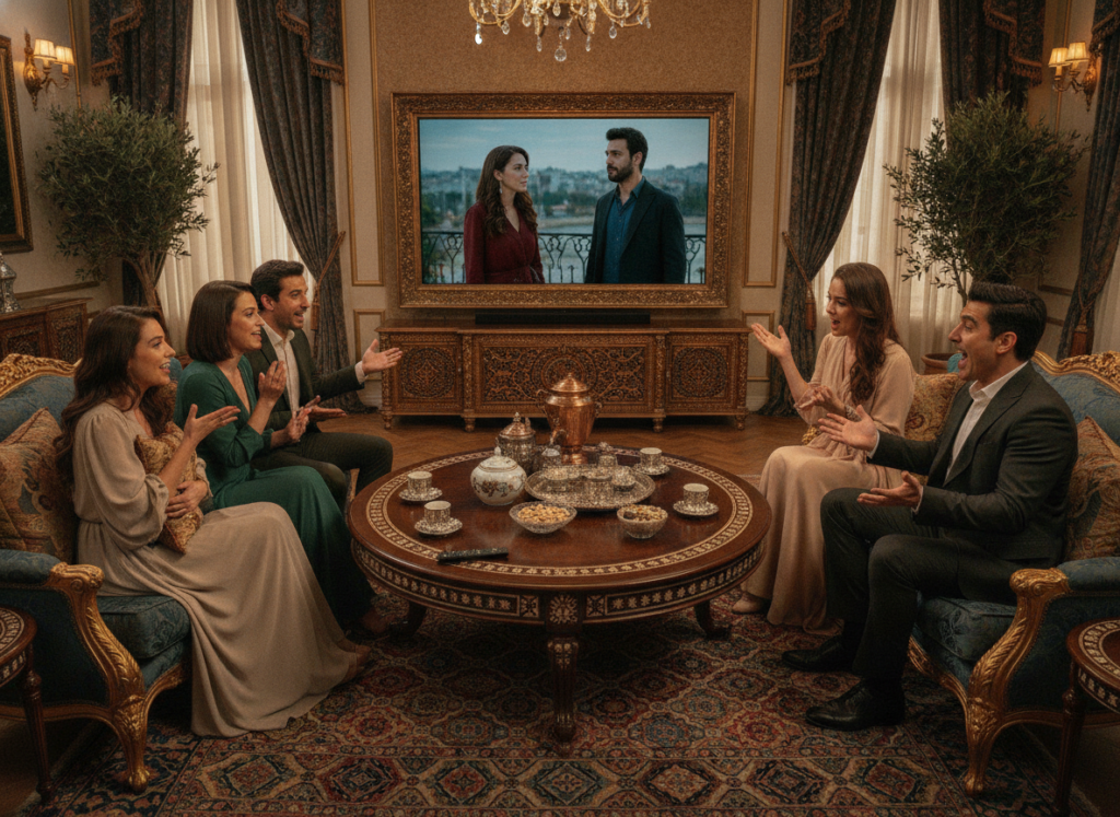 A vibrant scene capturing the essence of Turkish dramas, featuring a well-lit, elegantly decorated living room filled with rich colors and intricate patterns. In the foreground, a diverse group of friends, dressed in modest semi-formal attire, are engaged in an animated discussion, showcasing their excitement over a recent episode of a popular Turkish series. The middle section highlights a large, traditional Turkish coffee table adorned with ornate cups and a remote control, hinting at a cozy viewing experience. In the background, a beautifully framed television screen displays a captivating scene from a Turkish novela, filled with intense emotions and drama. Soft, warm lighting enhances the atmosphere, creating a welcoming and engaging setting that reflects the allure of Turkish storytelling.