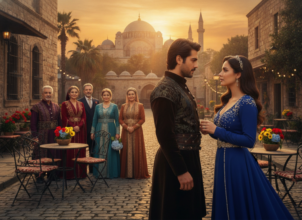 A vibrant scene depicting the essence of Turkish novelas, featuring a group of diverse characters dressed in elegant, traditional attire, standing united in a picturesque setting that symbolizes family and love. In the foreground, two central figures, a man and a woman, embody emotional intensity, gazing at each other, their expressions full of longing. The middle ground showcases a charming cobblestone street lined with quaint cafes, their outdoor seating adorned with colorful flowers, creating a warm and inviting atmosphere. In the background, the stunning silhouette of a historic Turkish palace under a soft sunset glow, with palm trees swaying gently in the breeze. The lighting is warm and golden, enhancing the romantic mood, with a slight lens blur to emphasize the characters in focus. The image radiates a sense of connection and cultural richness, reflecting the global phenomenon of Turkish novelas.