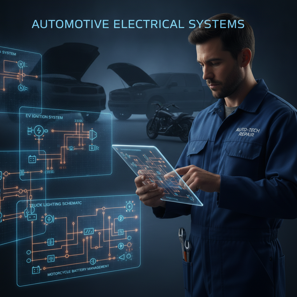 A detailed illustration featuring a diverse array of electric diagrams representing various vehicles, including cars, trucks, and motorcycles. In the foreground, place a variety of diagrams with intricate circuit connections, showcasing different systems such as ignition, lighting, and battery management. The middle ground should display a mechanic in professional attire, studying these diagrams on a digital tablet. The background should include shadowed images of vehicles with their hoods open, hinting at the complexity of their electrical systems. Use bright, focused lighting to highlight the diagrams, with a slight blur effect on the background to emphasize depth. The overall mood should be technical and informative, reflecting a sense of exploration and understanding in automotive electrical systems.