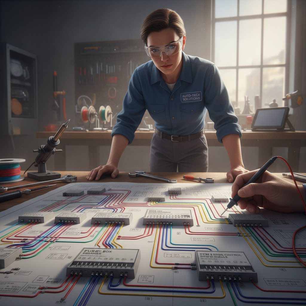 A detailed illustration of a vehicle electrical diagram sprawled across an engineering workspace. In the foreground, intricate wiring schematics and circuit connections are highlighted with bright colors for clarity. Various components like fuses, relays, and sensors are visually represented with labeled connections. The middle section features a realistic depiction of an automotive technician analyzing the diagram, wearing professional work attire, with focused expression and safety glasses. In the background, tools and equipment are organized neatly on a workshop bench, bathed in soft, natural lighting that enhances the technical atmosphere. The overall mood conveys precision and expertise, ideal for understanding vehicle electrical systems. No text or watermarks are present.