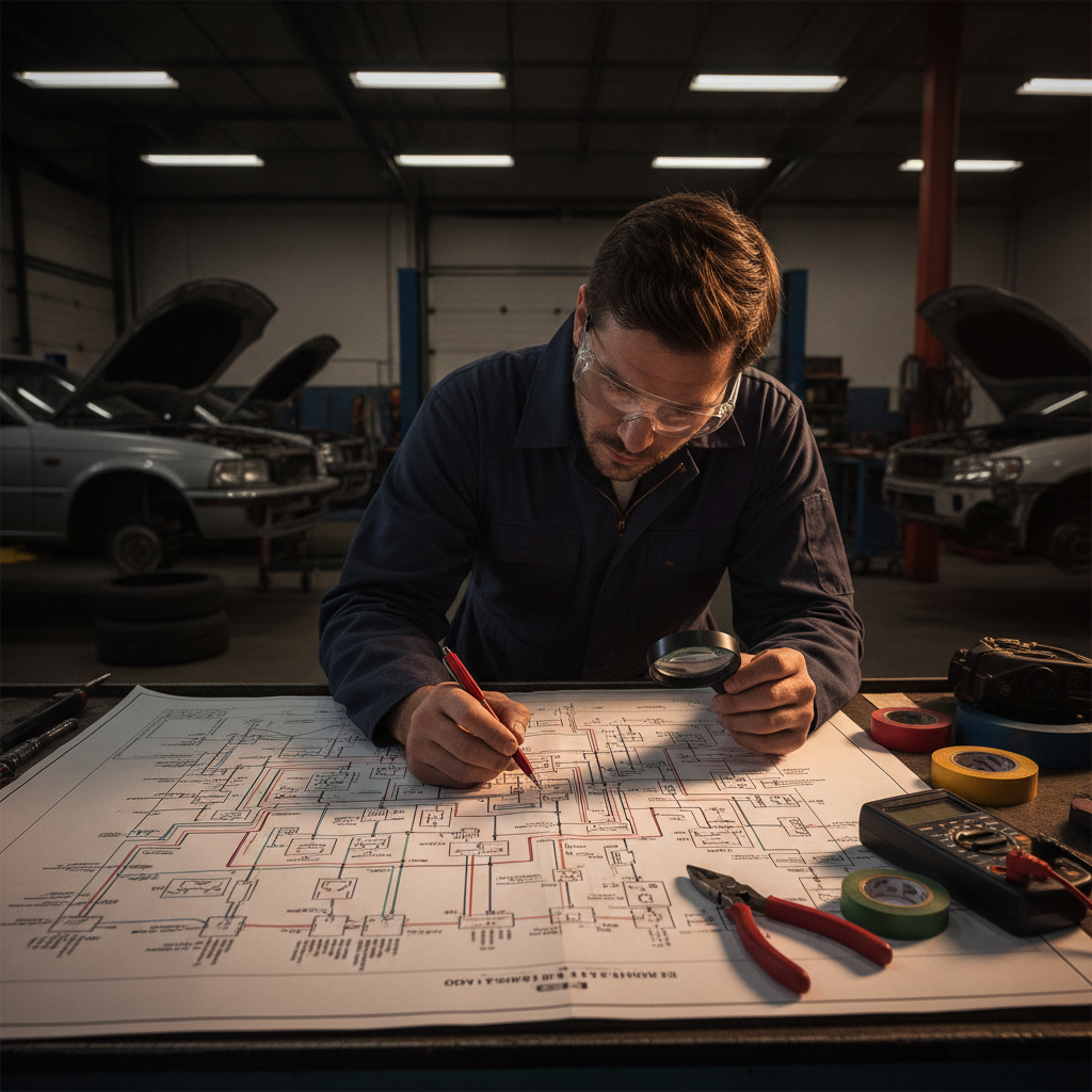 A detailed, informative scene showcasing an automotive electrical diagram as the focal point. In the foreground, prominently display a complex, color-coded electrical schematic laid out on a workspace table, with neatly arranged tools like wire strippers and a multimeter, highlighting the intricacies of car wiring. In the middle ground, a professional mechanic, dressed in a clean, dark blue jumpsuit and safety glasses, examines the diagram with focused concentration, showcasing their expertise. In the background, a dimly lit garage filled with various vehicles and equipment adds a sense of a working environment. Soft, practical overhead lighting illuminates the diagram, creating a slightly dramatic yet technical atmosphere, emphasizing the importance of understanding electrical systems in vehicles.