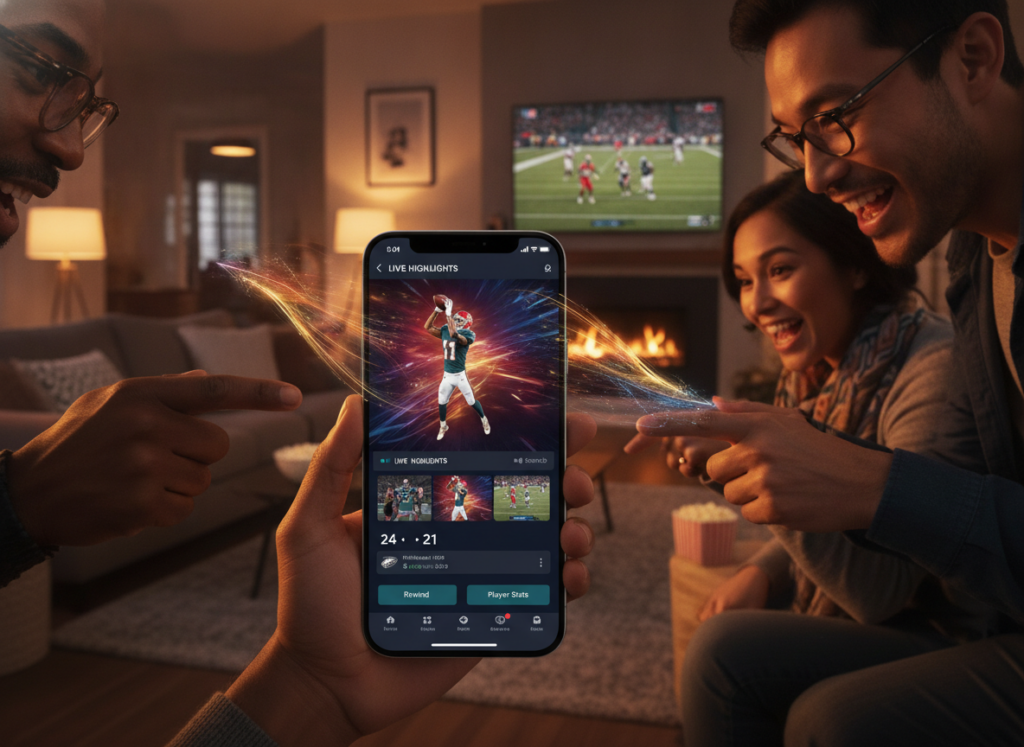 A digital mockup of the official NFL app interface displayed on a sleek smartphone. In the foreground, the smartphone is held by a diverse group of three professionals, casually dressed, excitedly interacting with the app. The middle ground features a vibrant, engaging display of live NFL game highlights, featuring dynamic colors and visual elements that reflect the energy of the sport. The background shows a modern living room with a large flat-screen TV displaying a football game, set in warm lighting to create a cozy atmosphere. The scene captures the excitement of watching NFL games live, with a focus on camaraderie and enjoyment, highlighting the app’s features and functionality in a realistic and appealing way. A digital mockup of the official NFL app interface displayed on a sleek smartphone. In the foreground, the smartphone is held by a diverse group of three professionals, casually dressed, excitedly interacting with the app. The middle ground features a vibrant, engaging display of live NFL game highlights, featuring dynamic colors and visual elements that reflect the energy of the sport. The background shows a modern living room with a large flat-screen TV displaying a football game, set in warm lighting to create a cozy atmosphere. The scene captures the excitement of watching NFL games live, with a focus on camaraderie and enjoyment, highlighting the app’s features and functionality in a realistic and appealing way.