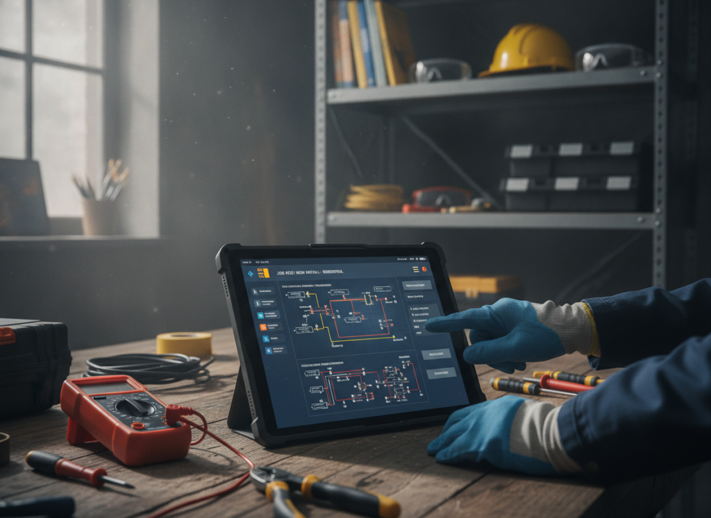 A digital workspace designed for electricians, showcasing a modern tablet displaying vibrant electrical schematics and app interfaces. In the foreground, a pair of hands wearing protective gloves gestures towards the screen, indicating active engagement with the apps. The middle layer features tools such as a multimeter and wire strippers, arranged neatly on a wooden workbench. In the background, shelves filled with instructional books, safety gear, and organized electrical tools create an environment of learning and professionalism. Soft, natural lighting floods the scene from a nearby window, casting gentle shadows that enhance the depth. The mood is focused and inspiring, conveying the importance of technology in enhancing electrical knowledge.