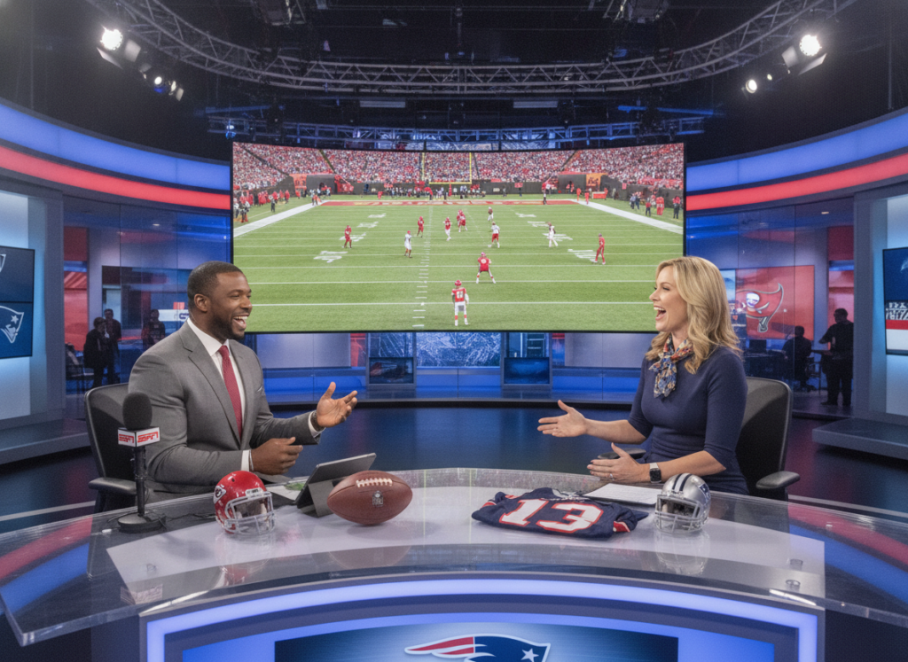A dynamic scene capturing the essence of ESPN NFL coverage. In the foreground, a male and female sports analyst engage in an animated discussion, both dressed in professional business attire, emanating excitement and enthusiasm. They are seated at a sleek, modern broadcast desk covered with NFL-themed merchandise—helmets, jerseys, and footballs. In the middle ground, a large, flat-screen TV displays an exciting NFL game in action, with vivid colors showcasing the players on the field. The background features a bustling sports studio setting, with dimmed lighting focused on the analysts while ambient lights highlight various NFL visuals. The atmosphere is charged with energy and anticipation, portraying a blend of professionalism and passion for sports. The image captures the thrilling experience of watching NFL games live as if you were in the studio. A dynamic scene capturing the essence of ESPN NFL coverage. In the foreground, a male and female sports analyst engage in an animated discussion, both dressed in professional business attire, emanating excitement and enthusiasm. They are seated at a sleek, modern broadcast desk covered with NFL-themed merchandise—helmets, jerseys, and footballs. In the middle ground, a large, flat-screen TV displays an exciting NFL game in action, with vivid colors showcasing the players on the field. The background features a bustling sports studio setting, with dimmed lighting focused on the analysts while ambient lights highlight various NFL visuals. The atmosphere is charged with energy and anticipation, portraying a blend of professionalism and passion for sports. The image captures the thrilling experience of watching NFL games live as if you were in the studio.