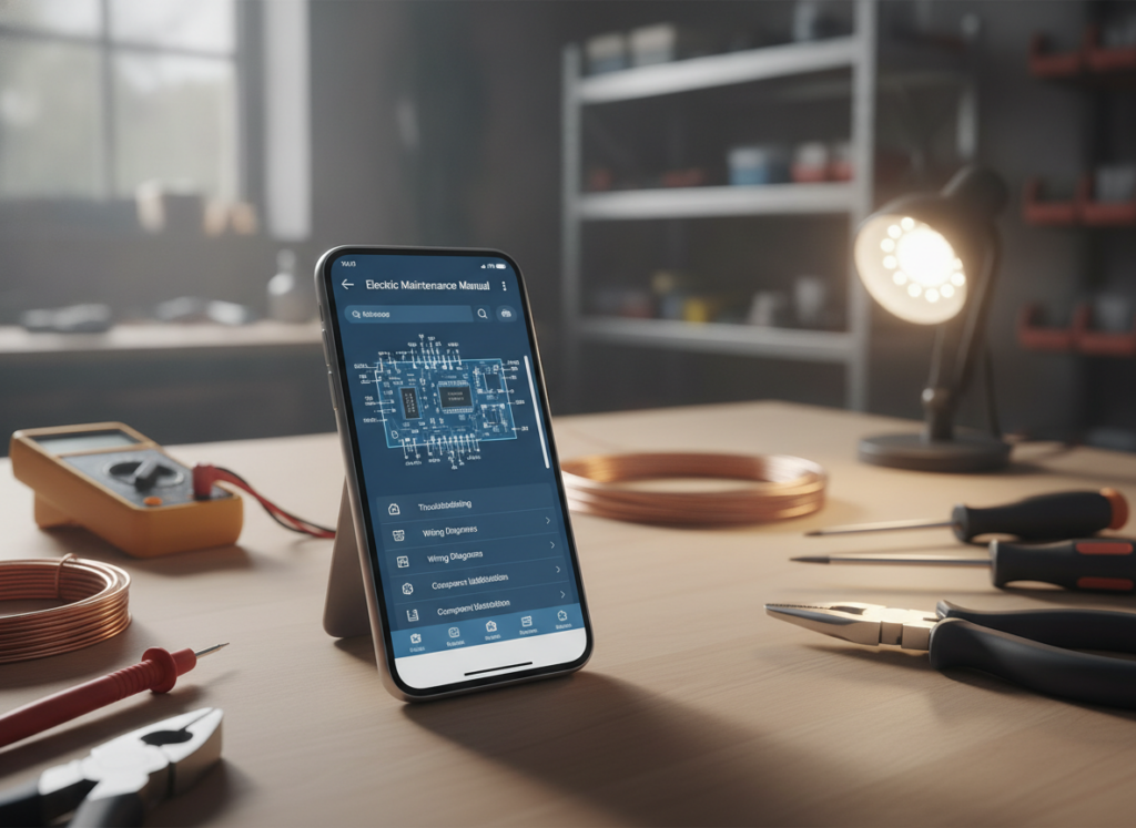 A modern smartphone displaying an open electric maintenance manual app on its screen, positioned prominently in the foreground. Surrounding the phone are various electrical tools like a multimeter, wires, and a screwdriver, showcasing a well-organized workbench setting. In the middle, soft natural lighting illuminates the scene, highlighting the phone and tools while casting gentle shadows. The background features a blurred workshop environment, filled with shelves of more tools and equipment, creating a sense of depth. The overall mood is focused and professional, reflecting a learning atmosphere for electricians. The lens captures a slight tilt, drawing attention to the smartphone as if inviting the viewer to explore its content.