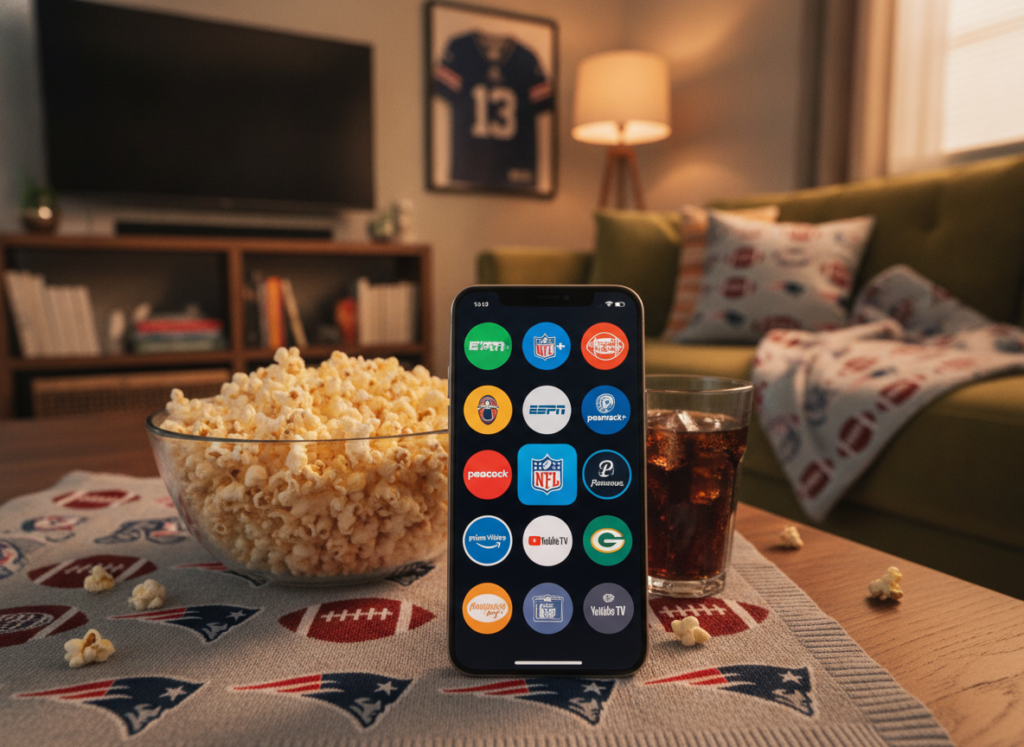 A modern smartphone displaying various streaming apps for watching NFL games, set against a cozy living room background with a soft, inviting ambiance. In the foreground, the screen is clearly visible with colorful app icons representing live sports channels. The middle ground features a comfortable sofa with an NFL-themed blanket and popcorn, suggesting a relaxed viewing experience. The background includes warm lighting from a lamp, enhancing the atmosphere. Use a slight depth of field to focus on the smartphone while softly blurring the surrounding elements. The overall mood is engaging and energetic, capturing the excitement of watching NFL games live on mobile devices. A modern smartphone displaying various streaming apps for watching NFL games, set against a cozy living room background with a soft, inviting ambiance. In the foreground, the screen is clearly visible with colorful app icons representing live sports channels. The middle ground features a comfortable sofa with an NFL-themed blanket and popcorn, suggesting a relaxed viewing experience. The background includes warm lighting from a lamp, enhancing the atmosphere. Use a slight depth of field to focus on the smartphone while softly blurring the surrounding elements. The overall mood is engaging and energetic, capturing the excitement of watching NFL games live on mobile devices.