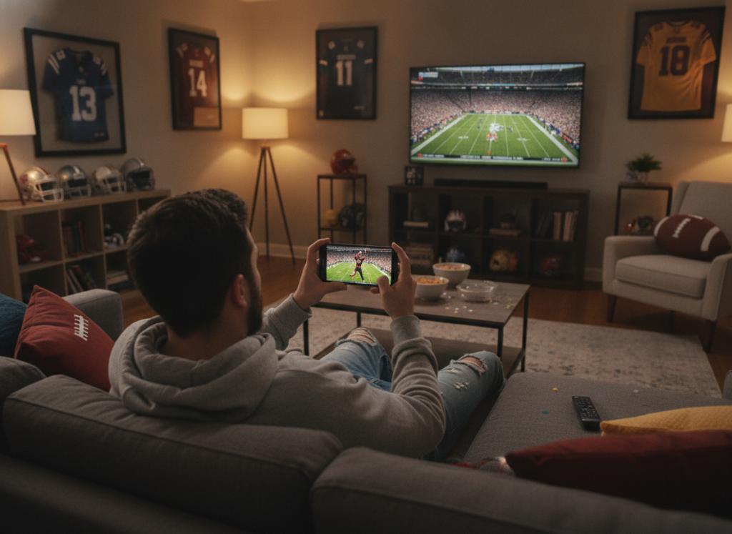 A vibrant and dynamic scene depicting a person sitting comfortably on a couch, engrossed in a live NFL game streamed on their mobile device. In the foreground, the individual, dressed in casual attire, is holding a smartphone displaying thrilling football action. In the middle ground, a stylish living room is adorned with NFL memorabilia, like jerseys and helmets, to create an authentic atmosphere. The background features a large TV screen showing the game, contributing to the lively sports ambiance. Soft artificial lighting enhances the coziness of the space, casting warm tones. The overall mood is energetic and exciting, reflecting the anticipation of watching an NFL game live. The composition is shot from a slightly elevated angle, capturing both the individual and the immersive environment effectively. A vibrant and dynamic scene depicting a person sitting comfortably on a couch, engrossed in a live NFL game streamed on their mobile device. In the foreground, the individual, dressed in casual attire, is holding a smartphone displaying thrilling football action. In the middle ground, a stylish living room is adorned with NFL memorabilia, like jerseys and helmets, to create an authentic atmosphere. The background features a large TV screen showing the game, contributing to the lively sports ambiance. Soft artificial lighting enhances the coziness of the space, casting warm tones. The overall mood is energetic and exciting, reflecting the anticipation of watching an NFL game live. The composition is shot from a slightly elevated angle, capturing both the individual and the immersive environment effectively.