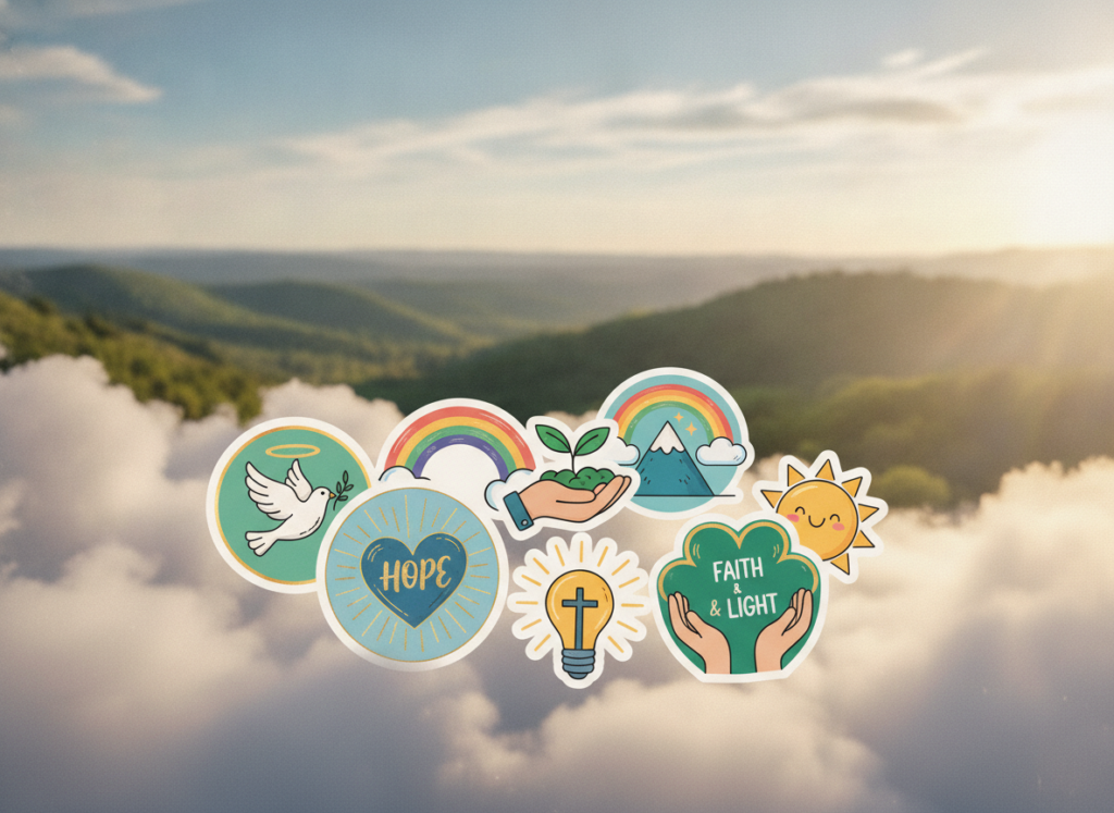 A vibrant collection of WhatsApp stickers themed around faith and hope, showcasing colorful and uplifting designs. In the foreground, a selection of stickers features symbols like doves, hearts, and light bulbs, each radiating positivity. The middle ground presents soft textures of clouds and sunrays, enhancing the feeling of brightness and inspiration. In the background, a serene landscape with rolling hills and a clear blue sky sets a peaceful atmosphere. The lighting is warm and inviting, creating a sense of joy and hopefulness. The overall mood is optimistic and cheerful, encouraging viewers to share these delightful stickers with friends to spread hope daily. A vibrant collection of WhatsApp stickers themed around faith and hope, showcasing colorful and uplifting designs. In the foreground, a selection of stickers features symbols like doves, hearts, and light bulbs, each radiating positivity. The middle ground presents soft textures of clouds and sunrays, enhancing the feeling of brightness and inspiration. In the background, a serene landscape with rolling hills and a clear blue sky sets a peaceful atmosphere. The lighting is warm and inviting, creating a sense of joy and hopefulness. The overall mood is optimistic and cheerful, encouraging viewers to share these delightful stickers with friends to spread hope daily.