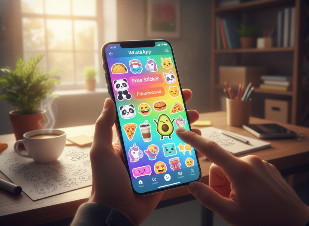 A vibrant digital scene showcasing a smartphone displaying a colorful interface of a free sticker app for WhatsApp. In the foreground, the smartphone features vibrant, animated stickers of various themes like animals, food, and emojis actively being selected by a user. The middle ground presents an inviting workspace with a stylish desk, scattered with doodles, showcasing creativity, with a plant and a cup of coffee nearby. The background depicts a cozy room with soft lighting, including a window revealing bright daylight outside, enhancing a cheerful and creative atmosphere. Capture the essence of exploration and fun as a user discovers new content on this app, illustrating the excitement of finding free stickers to use on WhatsApp. A vibrant digital scene showcasing a smartphone displaying a colorful interface of a free sticker app for WhatsApp. In the foreground, the smartphone features vibrant, animated stickers of various themes like animals, food, and emojis actively being selected by a user. The middle ground presents an inviting workspace with a stylish desk, scattered with doodles, showcasing creativity, with a plant and a cup of coffee nearby. The background depicts a cozy room with soft lighting, including a window revealing bright daylight outside, enhancing a cheerful and creative atmosphere. Capture the essence of exploration and fun as a user discovers new content on this app, illustrating the excitement of finding free stickers to use on WhatsApp.