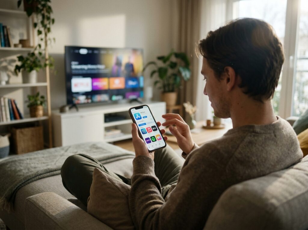 A bright and inviting scene depicting a person comfortably using their smartphone to download and navigate applications on iOS and Android. The foreground features a casually dressed individual, focused on the screen with a look of curiosity and engagement. In the middle, a vibrant display of app icons and a digital interface showcasing popular streaming applications. The background captures a cozy living room setting with soft lighting, emphasizing a relaxed atmosphere, and a modern television in view, hinting at the article's theme. The angle is slightly elevated, showing both the person and the screen in detail, with warm, natural light streaming in from a nearby window to create an approachable and informative mood.