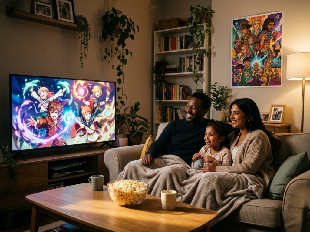 A cozy living room scene featuring a family gathered around a large flat-screen TV, engrossed in streaming content from Tubi TV. In the foreground, a diverse group of three people—a man, a woman, and a child—are happily watching a vibrant anime show, displaying joyful expressions. The middle layer includes a funky, colorful poster of Tubi's popular movies and series on the wall, capturing the essence of entertainment options available. In the background, warm, soft lighting creates an inviting atmosphere, with a plant and bookshelves adding homely details. The scene should be bright and cheerful, with a focus on the enjoyment of free movies and series without any text or branding, maintaining a safe and wholesome vibe.