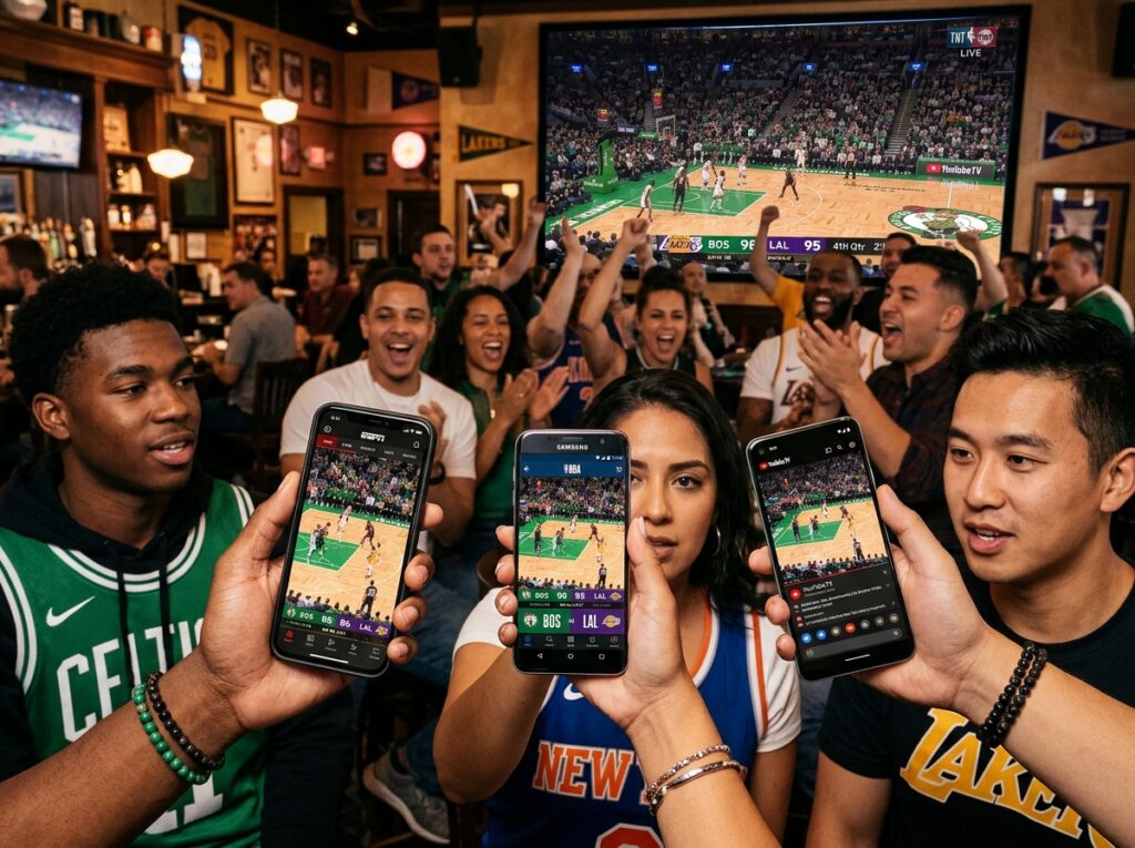 A dynamic and engaging digital scene depicting a variety of smartphone screens showcasing popular basketball streaming apps in use. In the foreground, highlight three smartphones held by diverse individuals dressed in casual clothing, focused on the vibrant basketball game displayed on their screens. In the middle ground, include a lively group of basketball fans cheering, with subtle expressions of excitement and camaraderie. The background features a large TV screen displaying an iconic NBA game, complete with colorful team logos and a cheering crowd. The atmosphere conveys a sense of excitement and community, with warm, inviting lighting that enhances the vibrant colors of the basketball games. Use a wide-angle lens effect to create depth and emphasis on the action depicted in the smartphones. A dynamic and engaging digital scene depicting a variety of smartphone screens showcasing popular basketball streaming apps in use. In the foreground, highlight three smartphones held by diverse individuals dressed in casual clothing, focused on the vibrant basketball game displayed on their screens. In the middle ground, include a lively group of basketball fans cheering, with subtle expressions of excitement and camaraderie. The background features a large TV screen displaying an iconic NBA game, complete with colorful team logos and a cheering crowd. The atmosphere conveys a sense of excitement and community, with warm, inviting lighting that enhances the vibrant colors of the basketball games. Use a wide-angle lens effect to create depth and emphasis on the action depicted in the smartphones.