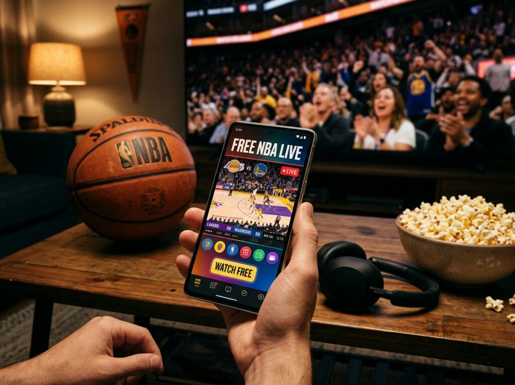 A dynamic image illustrating the concept of free apps for watching live NBA games. In the foreground, showcase a smartphone displaying a vibrant interface of a sports streaming app, filled with colorful icons representing basketball and live scores. The screen should highlight gameplay action or highlights with a basketball court theme. In the middle ground, depict a basketball, a pair of headphones, and a bowl of popcorn, suggesting a sports-viewing atmosphere. The background features an abstract, blurred representation of a cheering crowd in a stadium, emphasizing excitement and energy. Use warm, inviting lighting to create a lively yet cozy mood. The composition should evoke a sense of accessibility and enjoyment in watching NBA games live. A dynamic image illustrating the concept of free apps for watching live NBA games. In the foreground, showcase a smartphone displaying a vibrant interface of a sports streaming app, filled with colorful icons representing basketball and live scores. The screen should highlight gameplay action or highlights with a basketball court theme. In the middle ground, depict a basketball, a pair of headphones, and a bowl of popcorn, suggesting a sports-viewing atmosphere. The background features an abstract, blurred representation of a cheering crowd in a stadium, emphasizing excitement and energy. Use warm, inviting lighting to create a lively yet cozy mood. The composition should evoke a sense of accessibility and enjoyment in watching NBA games live.