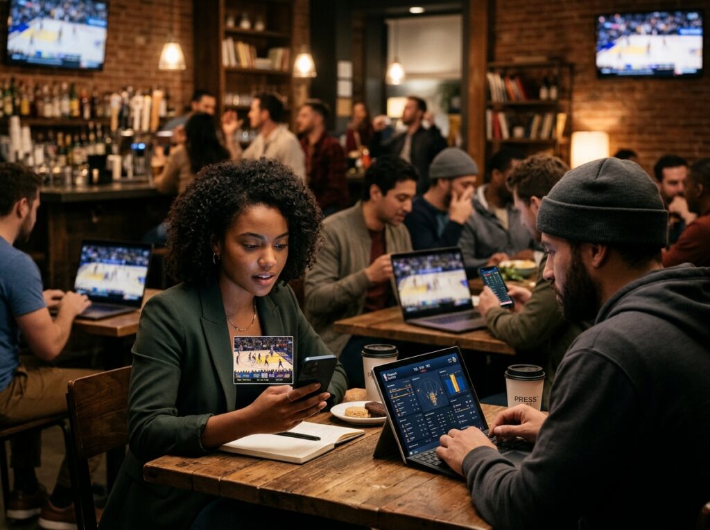 A dynamic scene showcasing a diverse group of people using mobile apps to follow live NBA games. In the foreground, a young woman in business casual attire intently watches her smartphone, while a man next to her, dressed in a smart hoodie, is engaged with a tablet displaying basketball stats. Both are seated at a modern café with a warm, inviting atmosphere. In the middle ground, various screens, such as laptops and additional mobile devices, show basketball highlights and scores. The background features a cozy café interior with subtle lighting that creates a lively yet focused mood, emphasizing the excitement of following NBA games. The composition should have a shallow depth of field to highlight the individuals and their devices while gently blurring the background elements, creating an immersive experience. A dynamic scene showcasing a diverse group of people using mobile apps to follow live NBA games. In the foreground, a young woman in business casual attire intently watches her smartphone, while a man next to her, dressed in a smart hoodie, is engaged with a tablet displaying basketball stats. Both are seated at a modern café with a warm, inviting atmosphere. In the middle ground, various screens, such as laptops and additional mobile devices, show basketball highlights and scores. The background features a cozy café interior with subtle lighting that creates a lively yet focused mood, emphasizing the excitement of following NBA games. The composition should have a shallow depth of field to highlight the individuals and their devices while gently blurring the background elements, creating an immersive experience.