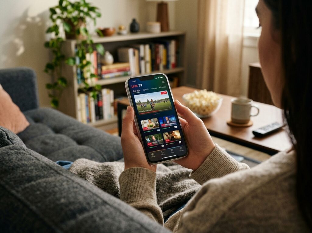 A modern smartphone displaying a vibrant streaming app interface showing various live channels, held by a person in casual attire, seated comfortably on a cozy couch. The foreground features the phone prominently, with the screen glowing softly in the warm ambient light of a living room. In the middle ground, we see a stylish coffee table with snacks and a remote control to add a casual atmosphere. The background features a shelf with books and a plant, creating a homely feel. The lighting is soft and inviting, suggesting an afternoon setting. The overall mood conveys ease and excitement about watching live TV, emphasizing the convenience of mobile streaming.