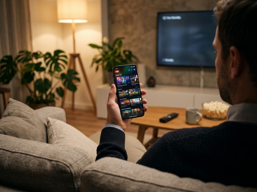 A modern smartphone displaying various streaming app interfaces on its screen, showcasing vibrant thumbnails of live TV shows and movies. The phone is held by a person in professional casual clothing, sitting comfortably on a cozy sofa in a well-lit living room. Soft, warm lighting illuminates the space, with a stylish lamp in the background and plants adding a touch of greenery. A coffee table nearby holds a remote control and snacks, creating a relaxed viewing atmosphere. The background features a wall-mounted TV, indicating the integration of traditional and streaming viewing options. The overall mood is inviting and modern, emphasizing the convenience of watching live TV on mobile devices.