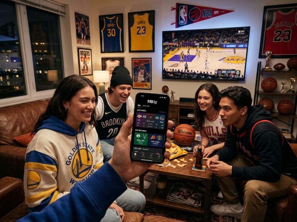 A smartphone displaying the NBA App interface on the screen, showcasing live game scores, highlighted match schedules, and engaging basketball content. In the foreground, the phone is held by a diverse group of friends, all dressed in casual but stylish clothing, gathered together in a cozy living room filled with sports memorabilia. The middle ground features a plush couch with a basketball on a coffee table, creating a relaxed atmosphere. In the background, a large flat-screen TV displays a thrilling live NBA game, with colorful team logos and intense gameplay. Natural light streams in through a window, casting a warm glow, adding to the vibrant and exciting mood of the scene, inviting viewers to experience the NBA together. A smartphone displaying the NBA App interface on the screen, showcasing live game scores, highlighted match schedules, and engaging basketball content. In the foreground, the phone is held by a diverse group of friends, all dressed in casual but stylish clothing, gathered together in a cozy living room filled with sports memorabilia. The middle ground features a plush couch with a basketball on a coffee table, creating a relaxed atmosphere. In the background, a large flat-screen TV displays a thrilling live NBA game, with colorful team logos and intense gameplay. Natural light streams in through a window, casting a warm glow, adding to the vibrant and exciting mood of the scene, inviting viewers to experience the NBA together.